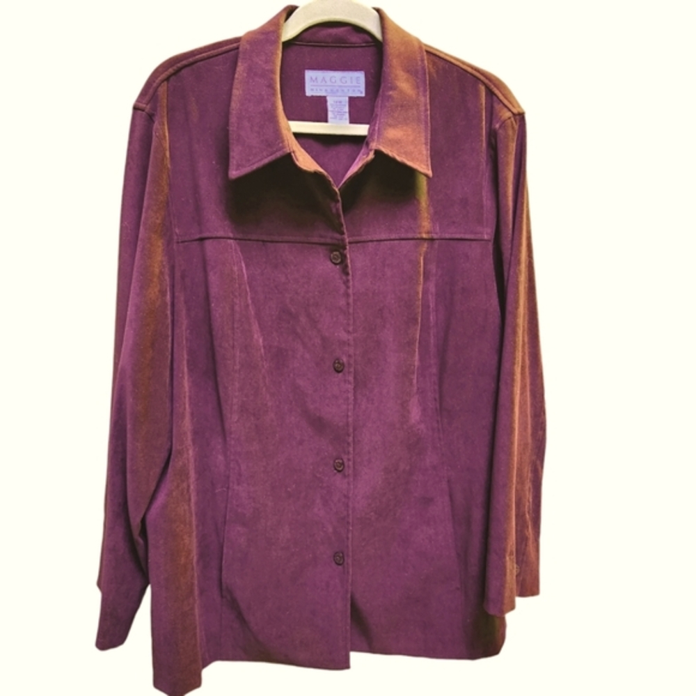 Maggie McNaughton Shirt Jacket Midweight Faux Suede Long Length Rich Plum Color